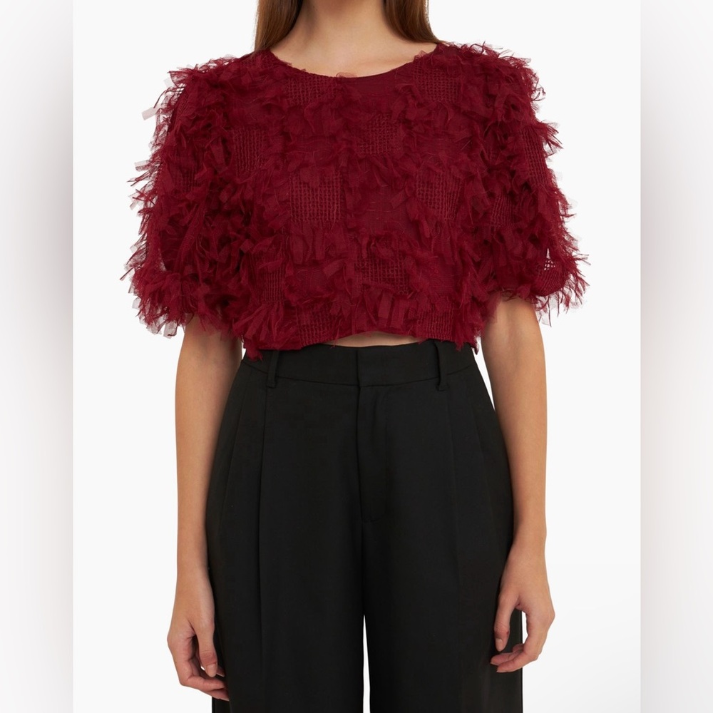 ENDLESS ROSE Gridded Mesh Feathered Cropped Top